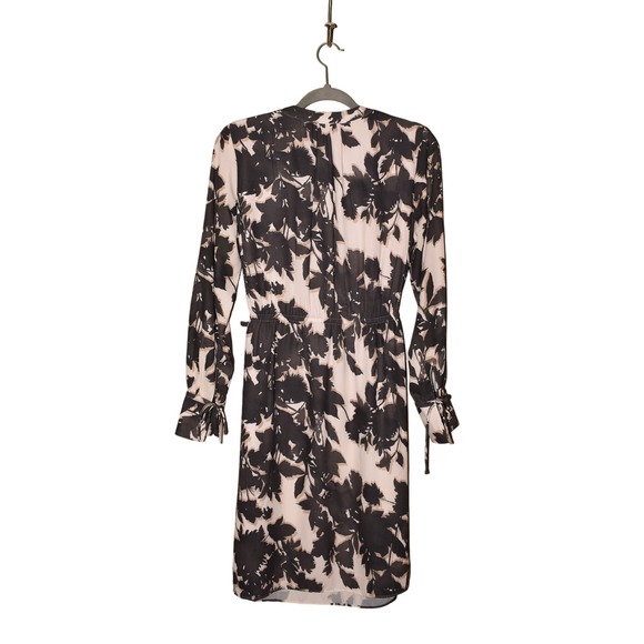 H&M‎ $35 Leaf Print Long Sleeve Tie Waist Dress Black Ivory Medium - Picture 2 of 4